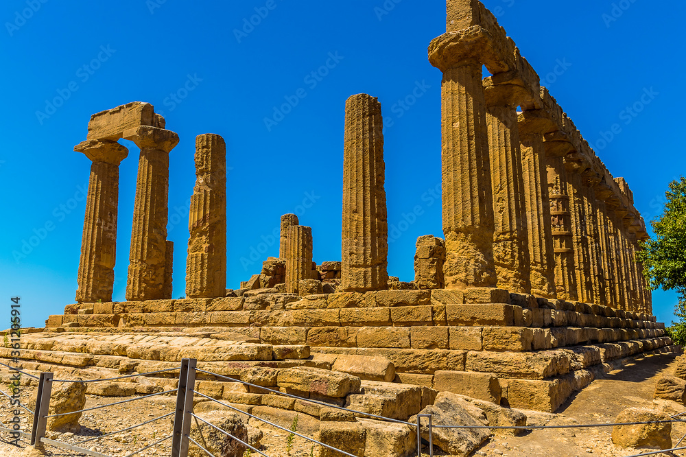 The Temple of Juno in the ancient Sicilian city of Agrigento, in summer