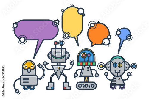 Kawaii smiling robots with speech bubbles. Isolated trendy flat cartoon characters. Voice support service chat bots