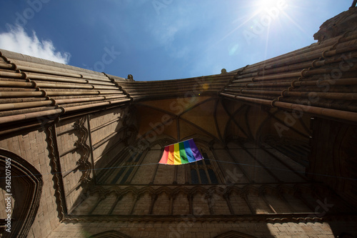 Canvas Print Peterborough, Cambridgeshire, UK, July 2019, A view of a Pride flag hanging from