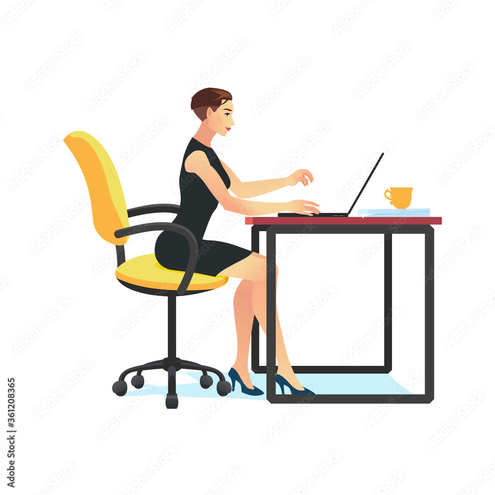 Beautiful Woman sitting and working on the computer. Professional office worker at the workplace. Vector illustration Beautiful Woman sitting and working on the computer. Professional office worker at the workplace. Vector illustration