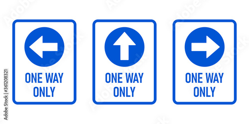 Set of One Way Only Vertical Warning Sign Poster or Sticker Design Icon with Direction Arrow and Text. Vector Image.