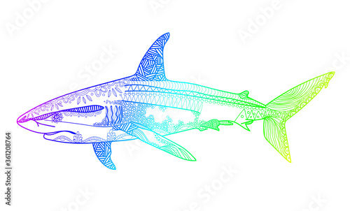 Shark. Stylish multi-colored freehand drawing. Antistress coloring page. Mandala and patterns. Ethnic print.