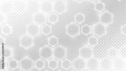 White abstract background. Futuristic hexagon pattern with halftone. Neutral grey business presentation template. Chemistry or technology concept. Colorless soft geometric cover design. Empty space
