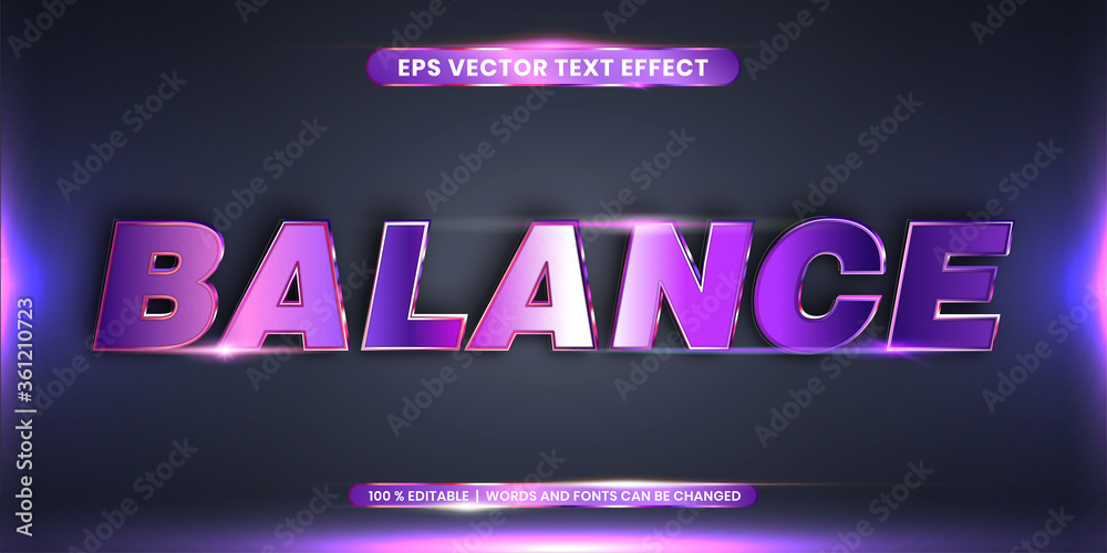 Balance words, text effect editable style 3d with metal gradient purple color concept Balance words, text effect editable style 3d with metal gradient purple color concept