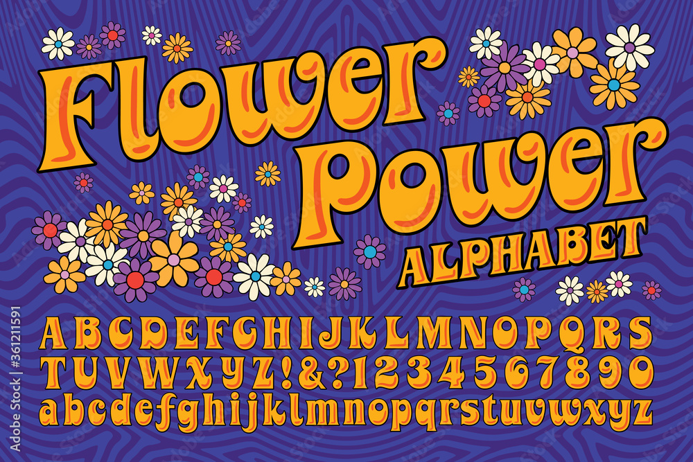 A Flower Power Hippie Themed Font; This Alphabet Is In The Style Of Late 60S  And Early 70S Psychedelic Artwork And Lettering Stock Vector | Adobe Stock