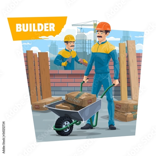 Builder workers, bricklayer or mason with wheelbarrow. Vector. Bricklayer in protective helmet working on construction site, carrying cement sacks in wheelbarrow and laying wall. Construction industry
