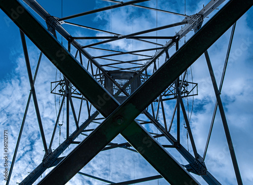 Power pole with wires against the blue sky. The correct form of metal construction