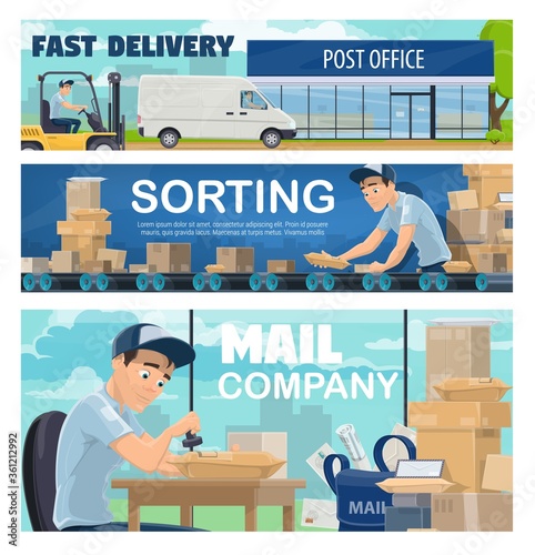 Postal office sorting line, delivery. Courier driving a van, postman or mailman sorting packages on conveyor belt and stamping parcels. Logistics and fast delivery or shipping, post mail service