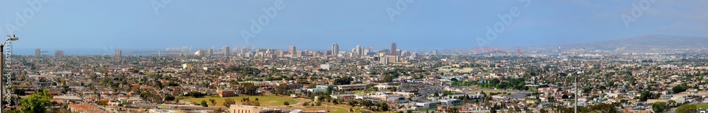 A compete panoramic view of Long Beach from the top of Signal Hill Park.  