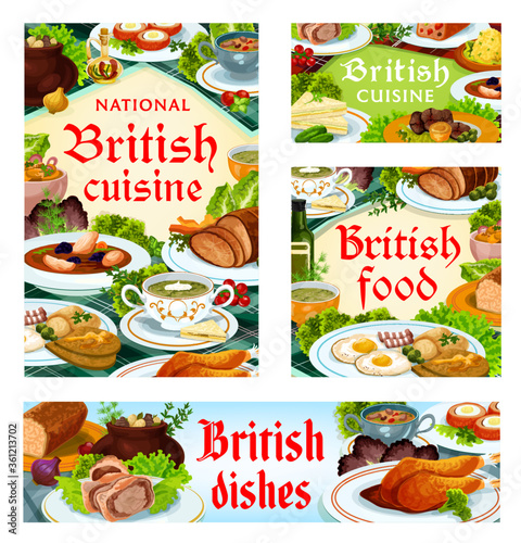 Britain cuisine, English food vector kok-e-liki scotch soup, scotch smoked trout plate and kidney soup, beef wellington meals. Candied fruit pie, cucumber sandwich and eggs, British dishes posters set