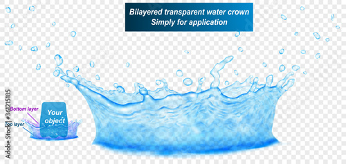Translucent water crown of two layers - top and bottom. Splash in light blue colors with drops, isolated on transparent backdrop. Transparency only in vector file