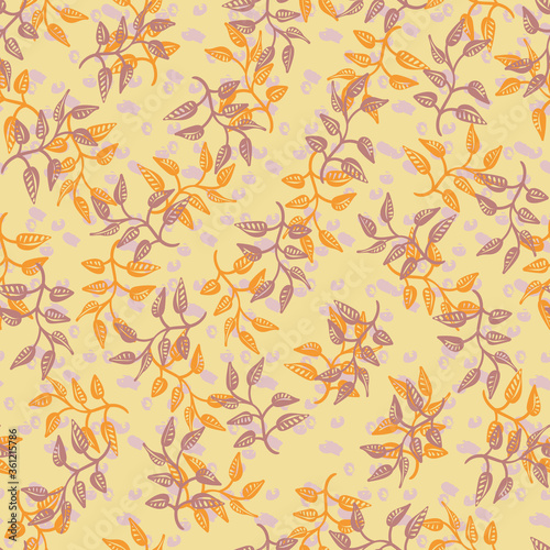 Purpoe and orange leaves seamless vector pattern. Botanical surface print design for fabrics, stationery, textiles, backgrounds, packaging, and gift wrap.