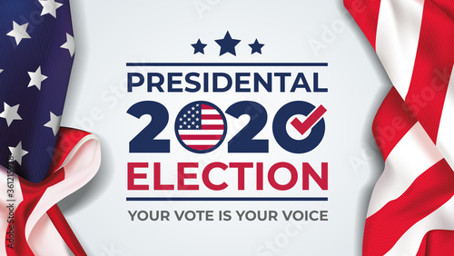 2020 United States of America Presidential Election banner. Election banner Vote 2020 with American flag photo