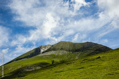 Monte Vettore, the highest mountain in the Sibillini range, branch of central Italian Apennines, with the fault of the earthquake clearly visible.