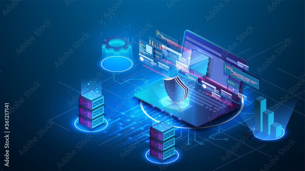 Digital technologies. Digital system analysis of business. Business growth graph.  Conceptual banner of web technology. Server, digital space. Monitoring and testing Data storage. Data center. - obrazy, fototapety, plakaty 