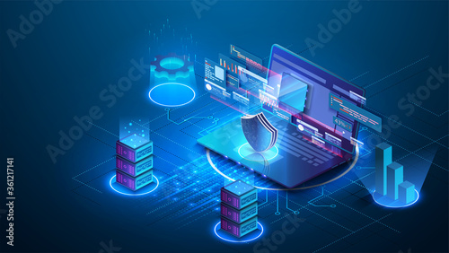 Digital technologies. Digital system analysis of business. Business growth graph.  Conceptual banner of web technology. Server, digital space. Monitoring and testing Data storage. Data center.
