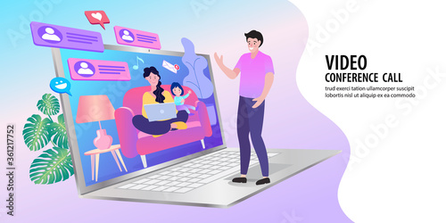 Father at home with tablet, video chatting with his family. Mom and little daughter communicate via video conferencing with the dad. Vector illustration.