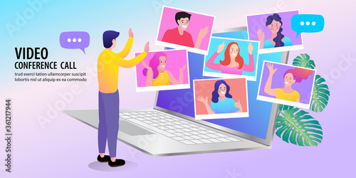 vector employee talk on video call on laptop with diverse colleagues. video conferencing at home woman and man having video call meeting with clients at home.