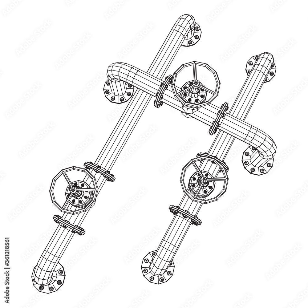 Oil pipeline with valve business concept. Finance economy polygonal petrol production. Petroleum fuel industry transportation line. Wireframe low poly mesh vector illustration. Oil pipeline with valve business concept. Finance economy polygonal petrol production. Petroleum fuel industry transportation line. Wireframe low poly mesh vector illustration.