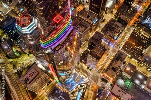 Pride colors on a building at night