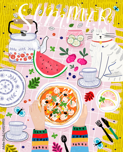 Summer picnic! Vector cute freehand illustration of summertime outdoor relax, hands hold pizza, pies of watermelon, cat, teapot and cups, drinks, blanket plaid. Drawings for poster, cover or postcard