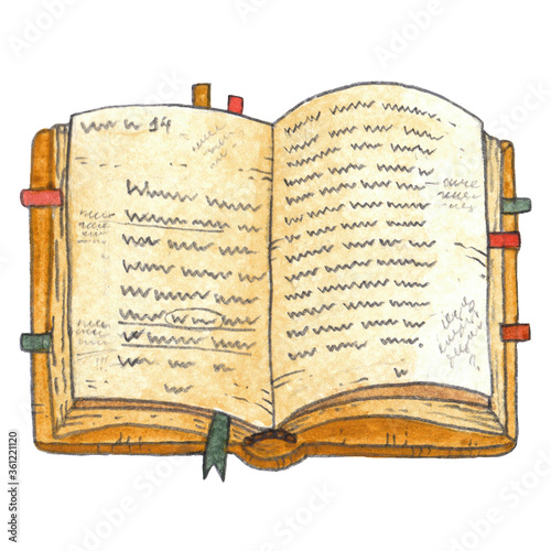 Watercolor vintage, antique opened book with notes, remarks and bookmarks sticker. Education, learning yellow book. High quality illustration isolated on white background