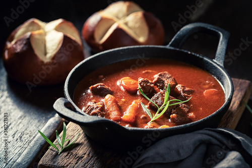 Homemade goulash served with fresh hot buns