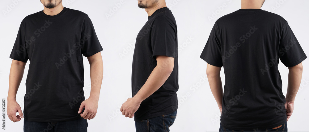 Young male in blank black t-shirt, front and back view, isolated