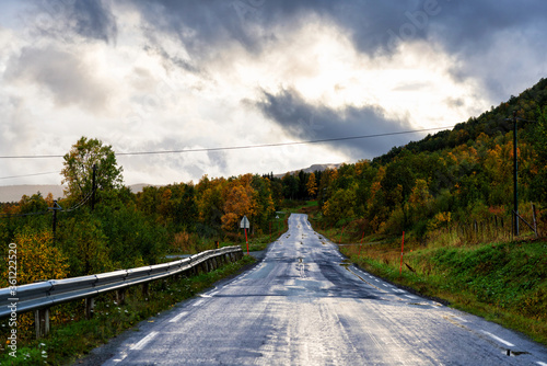 Tamok Valley (Tamokdalen) in northern Norway on an early autumn in a cloudy day. photo