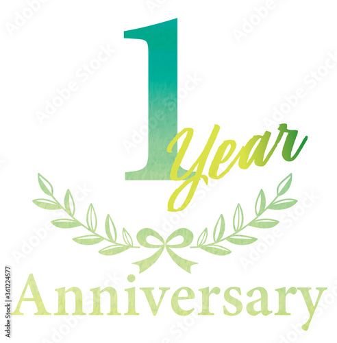 月桂樹・月桂冠をモチーフにした水彩タッチのアニバーサリーのエンブレムロゴ｜1周年Watercolor 1 year Anniversary
