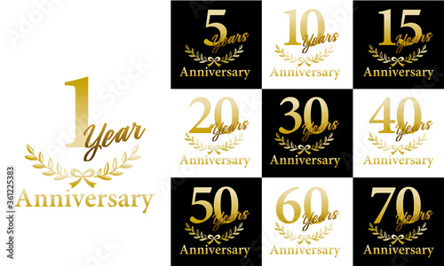 Anniversary gold logo design material with laurel wreath and laurel motif. 1st, 5th, 10th to 70th anniversary