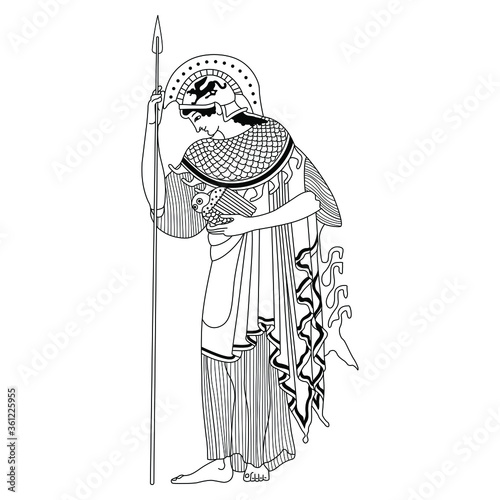 Ancient Greek goddess Athena. Black and white linear silhouette.