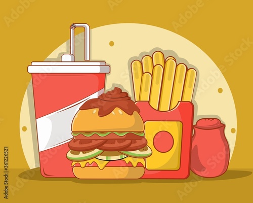 Fast food meal colorful burger french fries and soda isolated