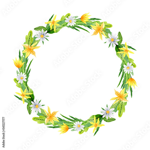 Watercolor hand-drawn floral wreath with meadow flowers and leaves. Chamomiles, yellow gagea, clovers on white background. Design for wedding invitations, greeting cards and covers.