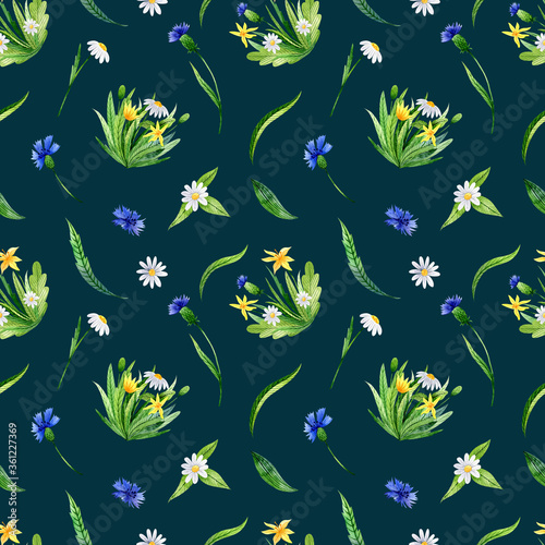 Watercolor seamless pattern with hand-drawn wildflowers and leaves. Chamomiles, knapweeds ,yellow petals on dark background. Perfect for textile, fabrics, wrapping paper, wallpaper, linens, cards.