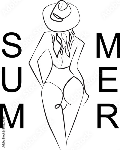 Continuous Line Drawing of Portrait of Woman with swimwear and beach hat. One Line Abstract. Minimalist drawing for Summer Holiday. Vector.