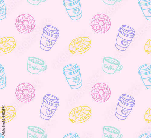 Coffee and donut illustration seamless pattern. Colorful line art wallpaper