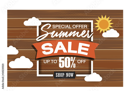 Summer super sale banner template on color background.