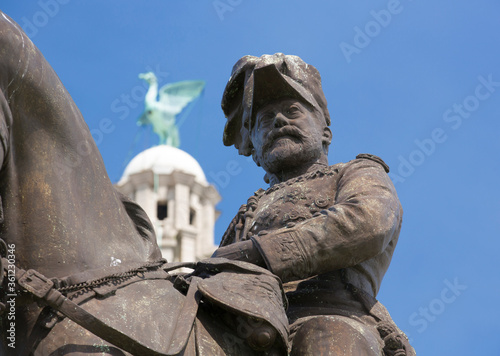 Liverpool, UK, 24th June 2014, King Edward VII Monument and statue outside the Royal Liver Building again blue sky during the daytime