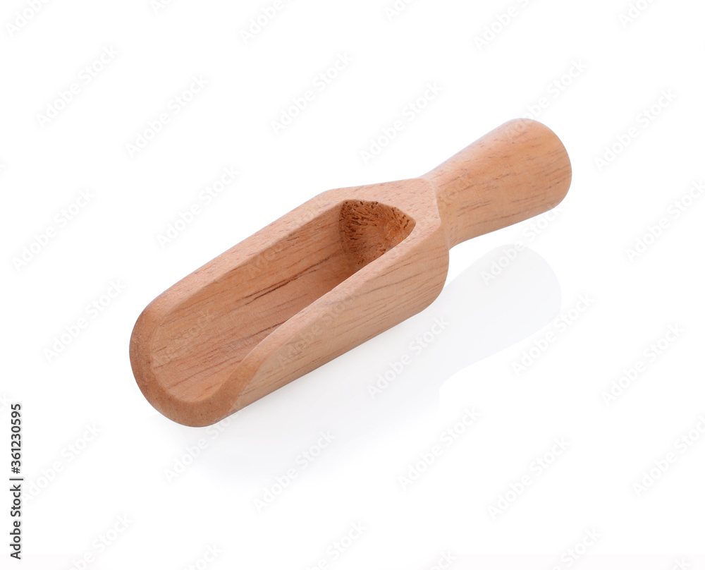 wood spoon and wood bowl on white background.top view