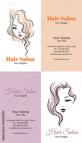 Beauty hair salon business card template set with digitally hand drawn beautiful women face logos and typography. Long stylish wave hairstyle girls.