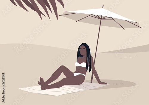 Young black woman sitting on the beach under umbrella, summertime vacation, hot tropical climate