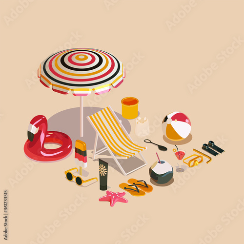 Isometric vector illustration off sixteen summer stuff. Sitable for summer season,vibrant, sale, party, etc.