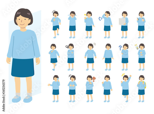 .Light blue dressed girl illustration set