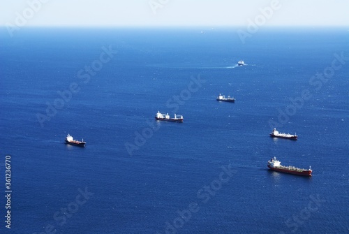 High angle shot of ships sailing in the sea in Gibraltar