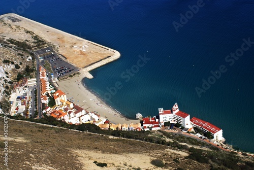 Aerial view of a port with buildings by the sea in Gibraltar