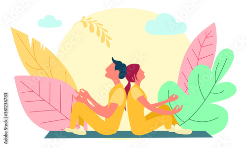Shot of two senior people doing yoga in the class. Fitness people sitting on the exercise mat and relaxing in yoga position. Group of people meditating in lotus pose in yoga class.