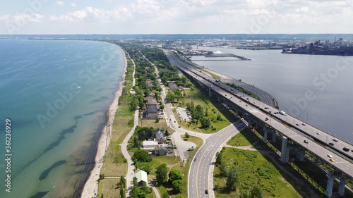 Beautiful Aerial Panoramic Landscape image of coastline with lakefront view and clear water