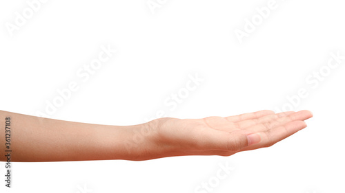 Hand open and ready to help or receive. Gesture isolated on white background with clipping path. © Pataradon