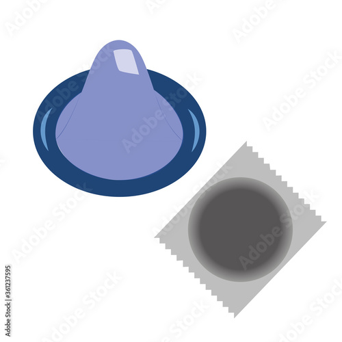 Ilustración vectorial de condón azul y paquete de condón aislado sobre fondo blanco